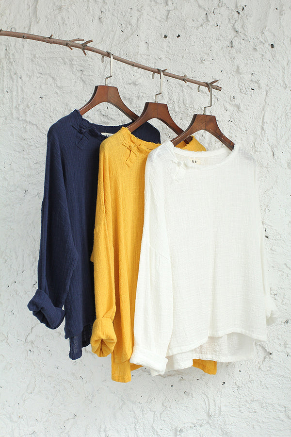 Woman Linen and Cotton T-Shirt – Art Loose Large Wrinkled Long Sleeve Cotton and Linen T-Shirts