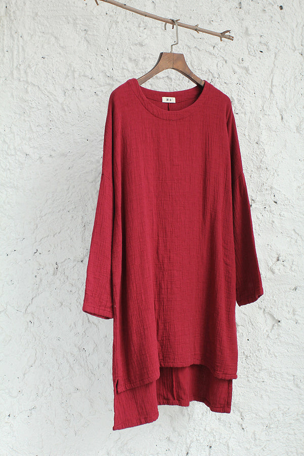 Women Round Nick Long Cotton and Linen Dress-style Long T-shirts