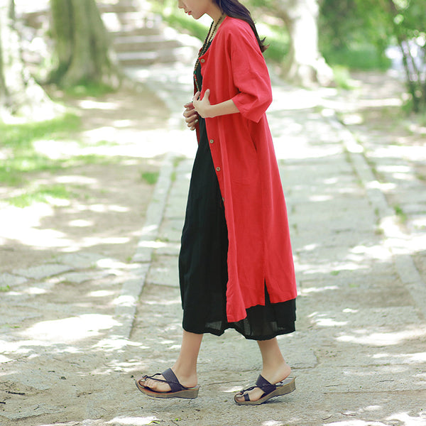 Women Leisure Pure Color Loose Linen and Cotton Coat