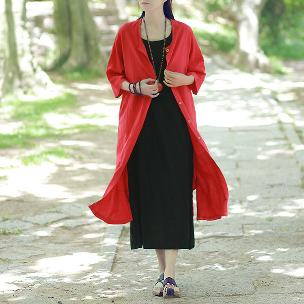 Women Leisure Pure Color Loose Linen and Cotton Coat