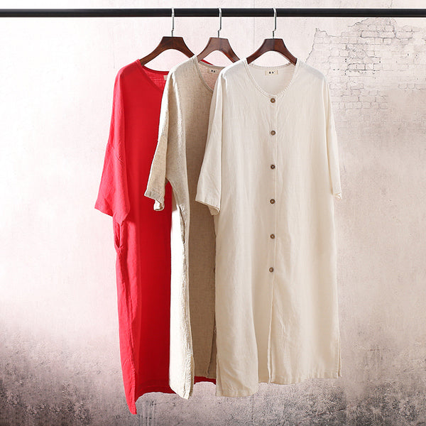 Women Leisure Pure Color Loose Linen and Cotton Coat
