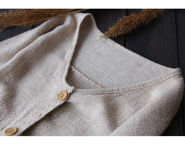 Women Leisure Pure Color Loose Linen and Cotton Coat