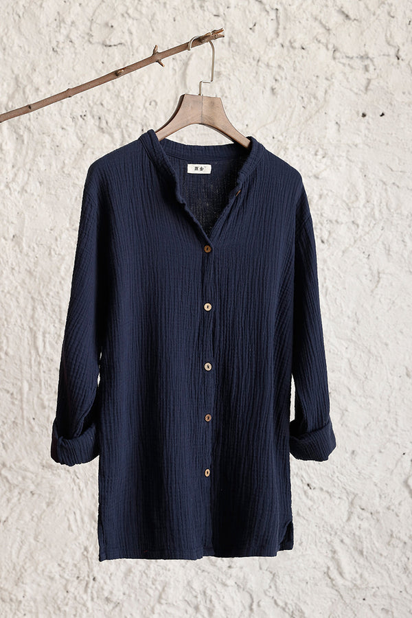 Women Long Sleeves Cotton and Linen Wrinkled Shirt