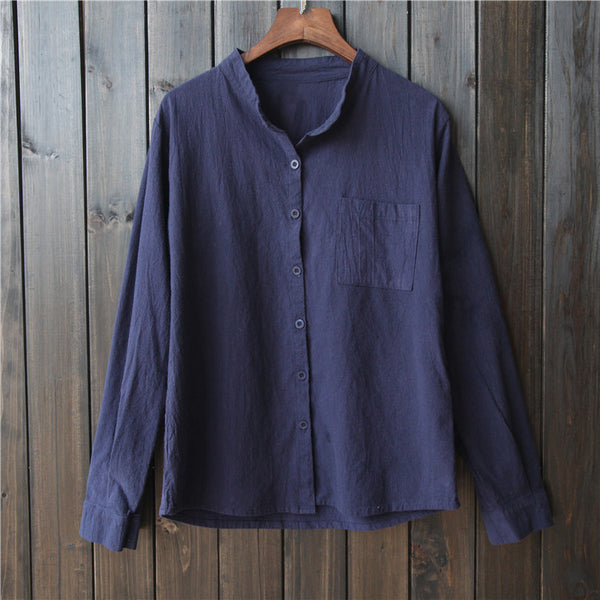 Women Long Sleeves Cotton and Linen Cardigan Shirt