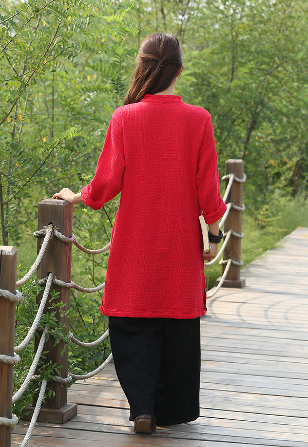 Women Retro Chinese Style Loose Long Sleeved Wrinkled Tunic