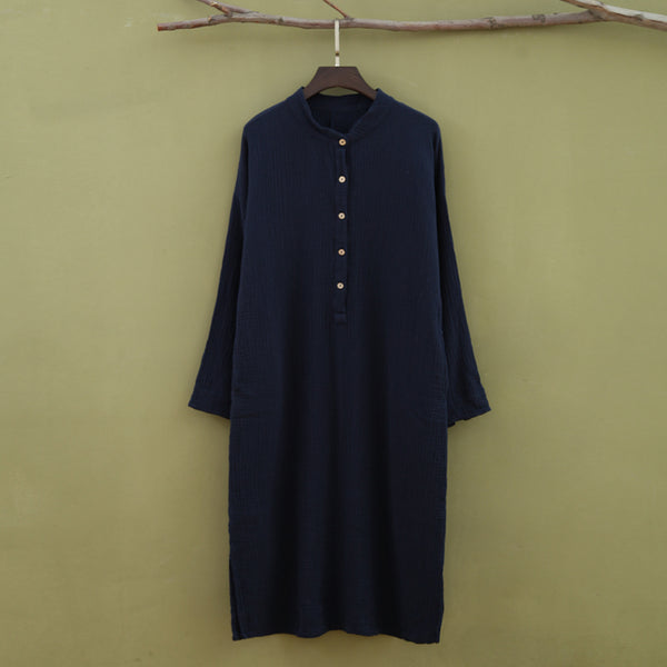 Women Retro Style Linen and Cotton Double-layer Button Long-sleeved Dress