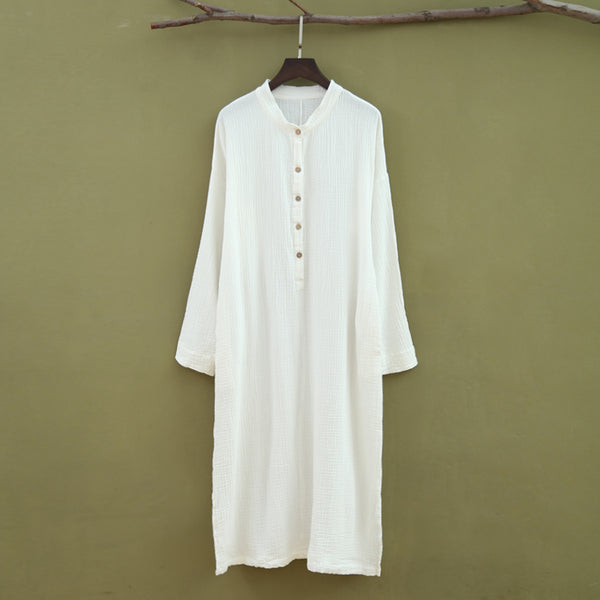 Women Retro Style Linen and Cotton Double-layer Button Long-sleeved Dress
