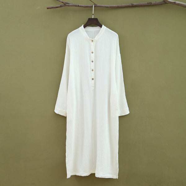 Women Retro Style Linen and Cotton Double-layer Button Long-sleeved Dress