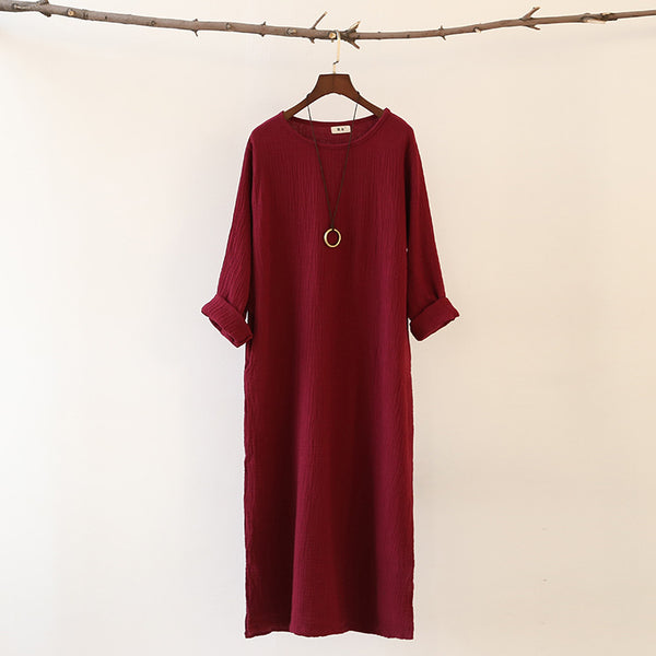 Women Linen and Cotton Double-layer Long-sleeved Loose Dress