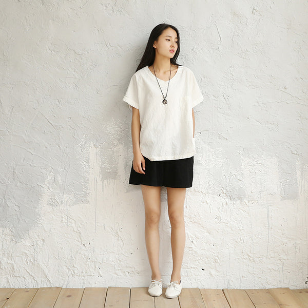 Women Cotton and Linen V-neck Short Sleeve Loose T-shirt