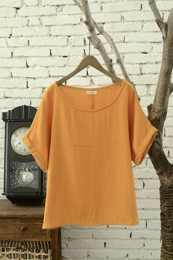 Women Loose Large Wrinkled Short Sleeve Cotton and Linen Blouses