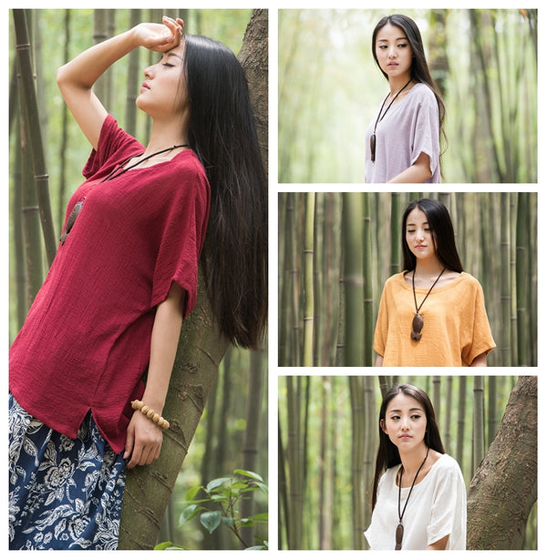 Original Retro Women Cotton and Linen Short Sleeve T-shirt