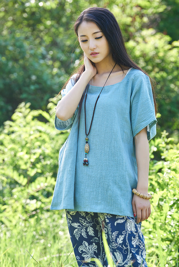 Original Simple Loose Women cotton and linen Half-sleeved Round Neck T-shirt