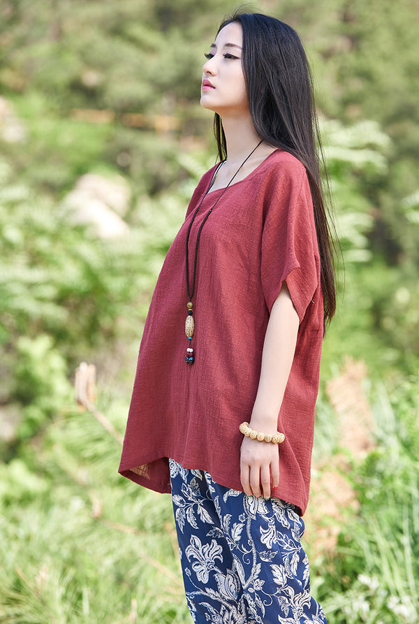 Original Simple Loose Women cotton and linen Half-sleeved Round Neck T-shirt