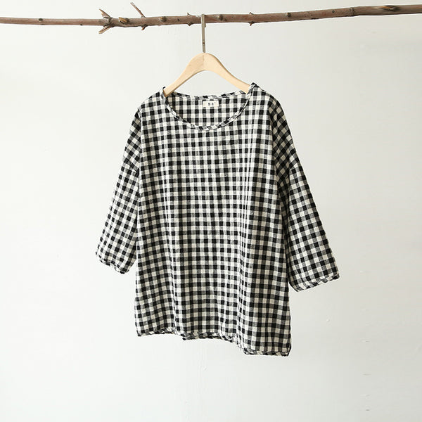 Women Cotton and Linen Round Neck Lose Small Square Patterned T-shirt
