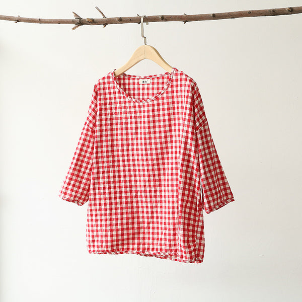 Women Cotton and Linen Round Neck Lose Small Square Patterned T-shirt