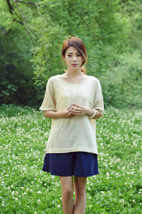 Women Cotton and Linen Short Sleeve Loose T-shirt