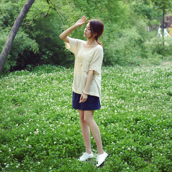 Women Cotton and Linen Short Sleeve Loose T-shirt