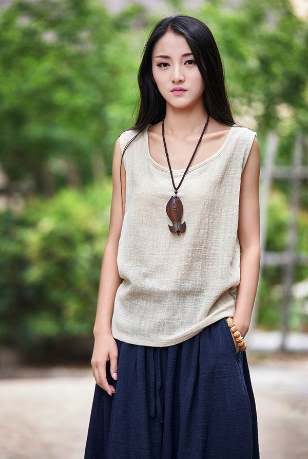 Women cotton and linen Sleeveless summer thin loose vest style t-shirt