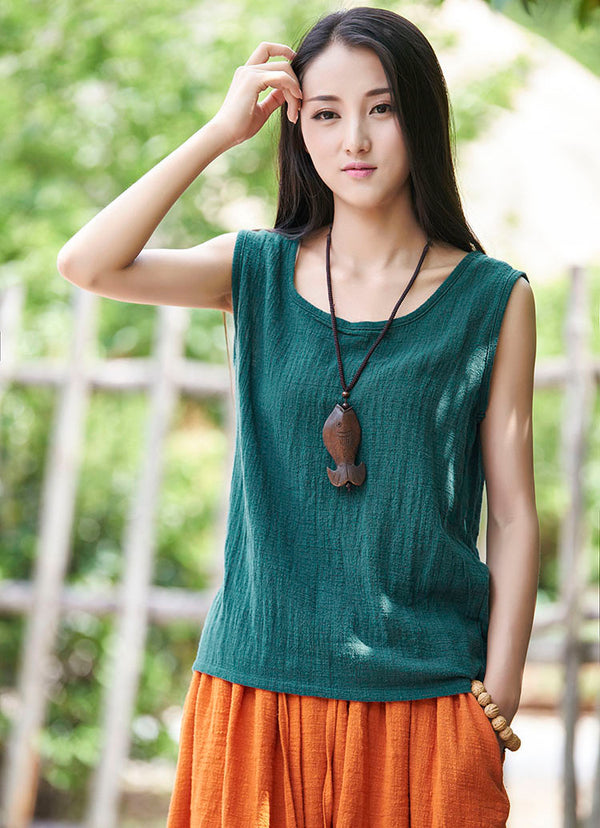 Women cotton and linen Sleeveless summer thin loose vest style t-shirt