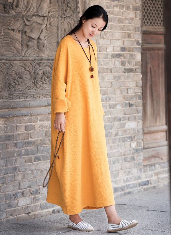 Women Asian Arts Retro Style Loose Cotton and Linen Dress