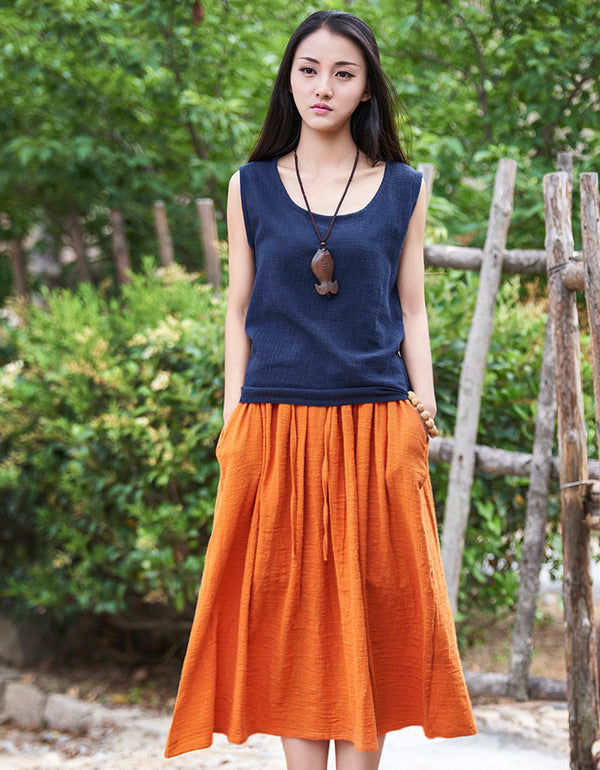 Women Simple Linen and Cotton Maxi Skirt