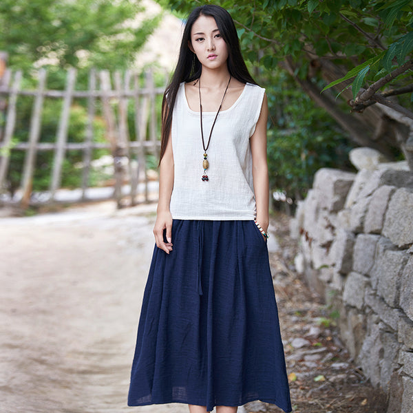 Women Simple Linen and Cotton Maxi Skirt