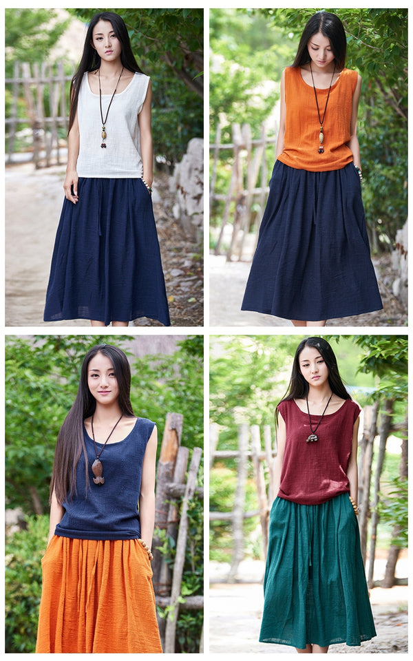 Women Simple Linen and Cotton Maxi Skirt