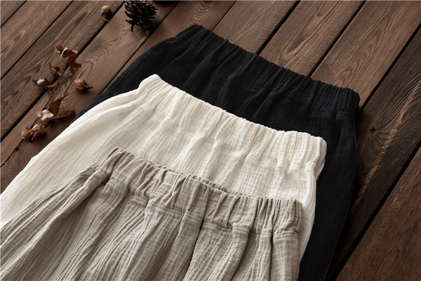 Women Simple Linen and Cotton Wrinkle Maxi Skirt