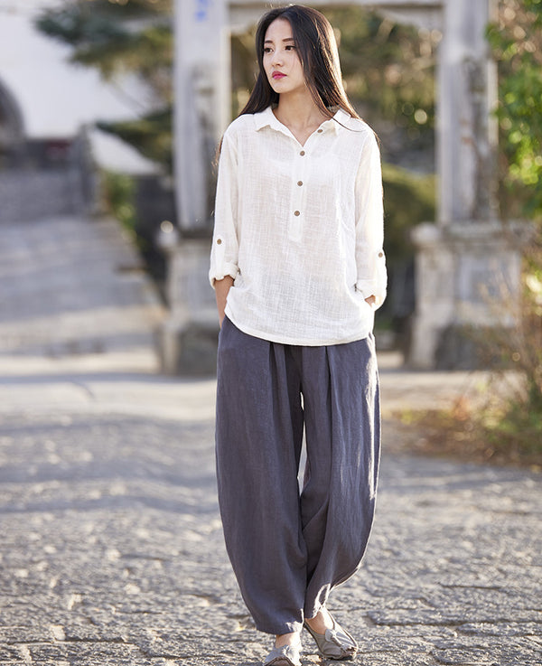 Women Casual Pure Color Ramie Lantern Yoga Loose Pants