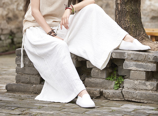 Women Loose Wide Leg Yoga Skirt Type Linen and Cotton Pants