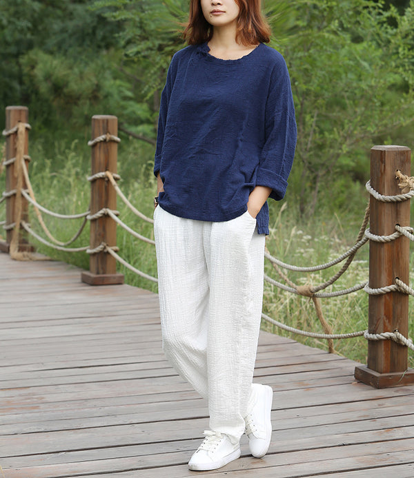 Women Pure Color Soft Loose Causal Linen and Cotton Pants