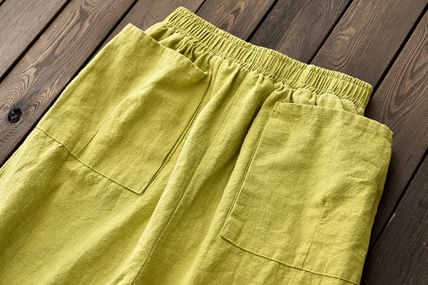Women Retro Ramie Pure Hemp Sand Washed Big Pocket Pants