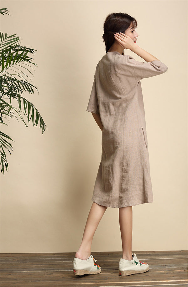 Women Simple Zen Type Women Linen and Cotton Knee Length Dress