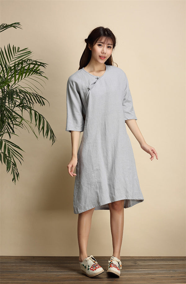 Women Simple Zen Type Women Linen and Cotton Knee Length Dress