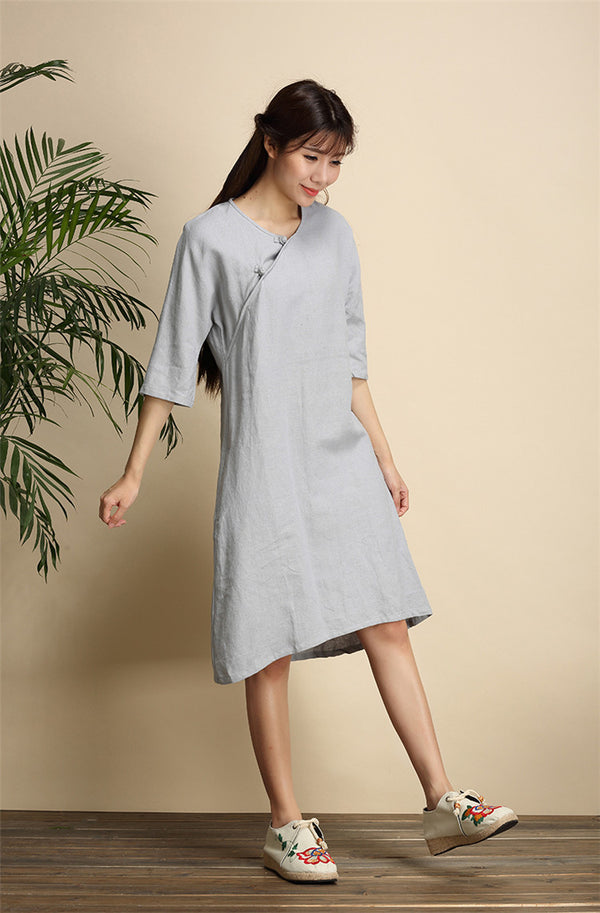 Women Simple Zen Type Women Linen and Cotton Knee Length Dress