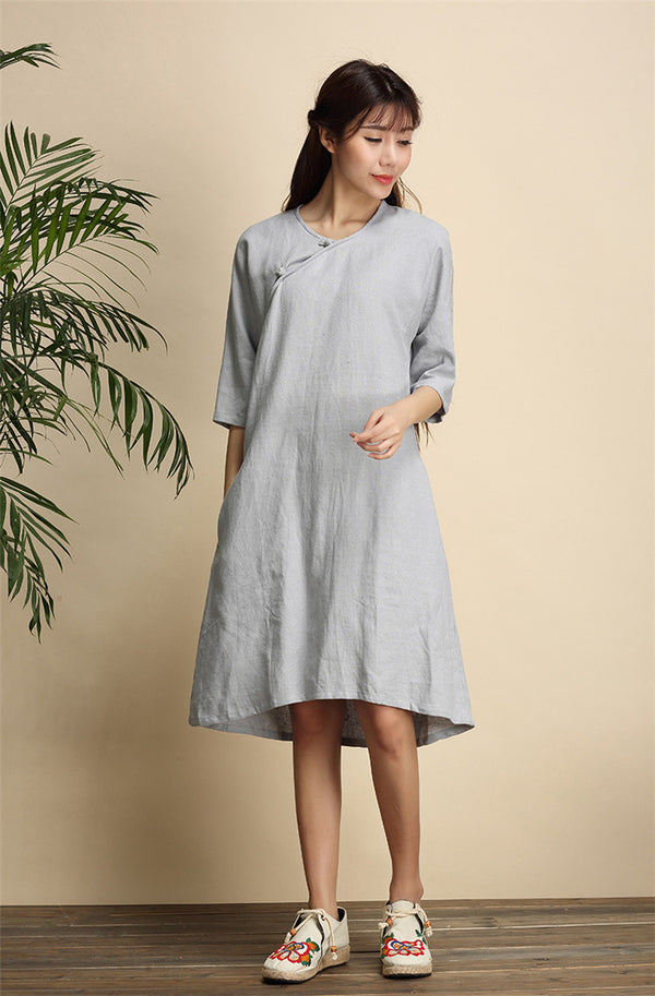 Women Simple Zen Type Women Linen and Cotton Knee Length Dress
