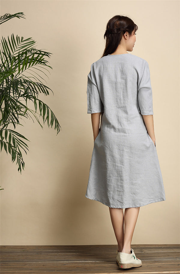 Women Simple Zen Type Women Linen and Cotton Knee Length Dress