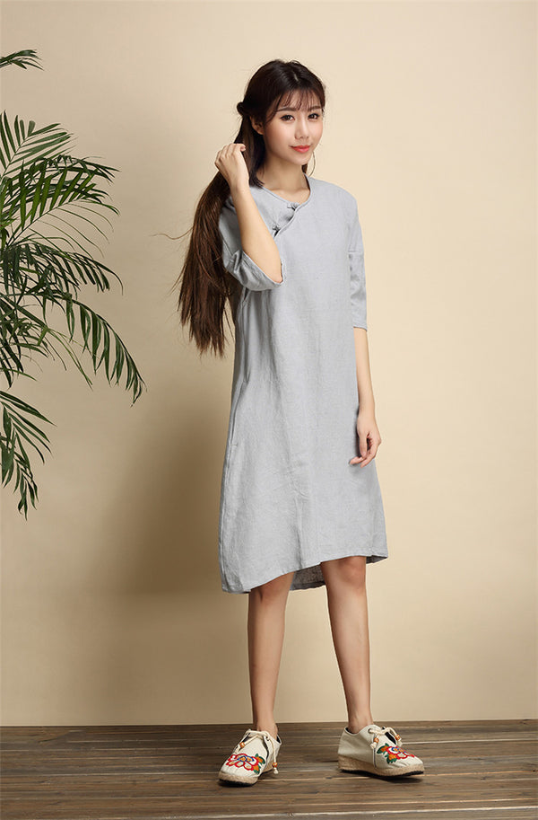 Women Simple Zen Type Women Linen and Cotton Knee Length Dress