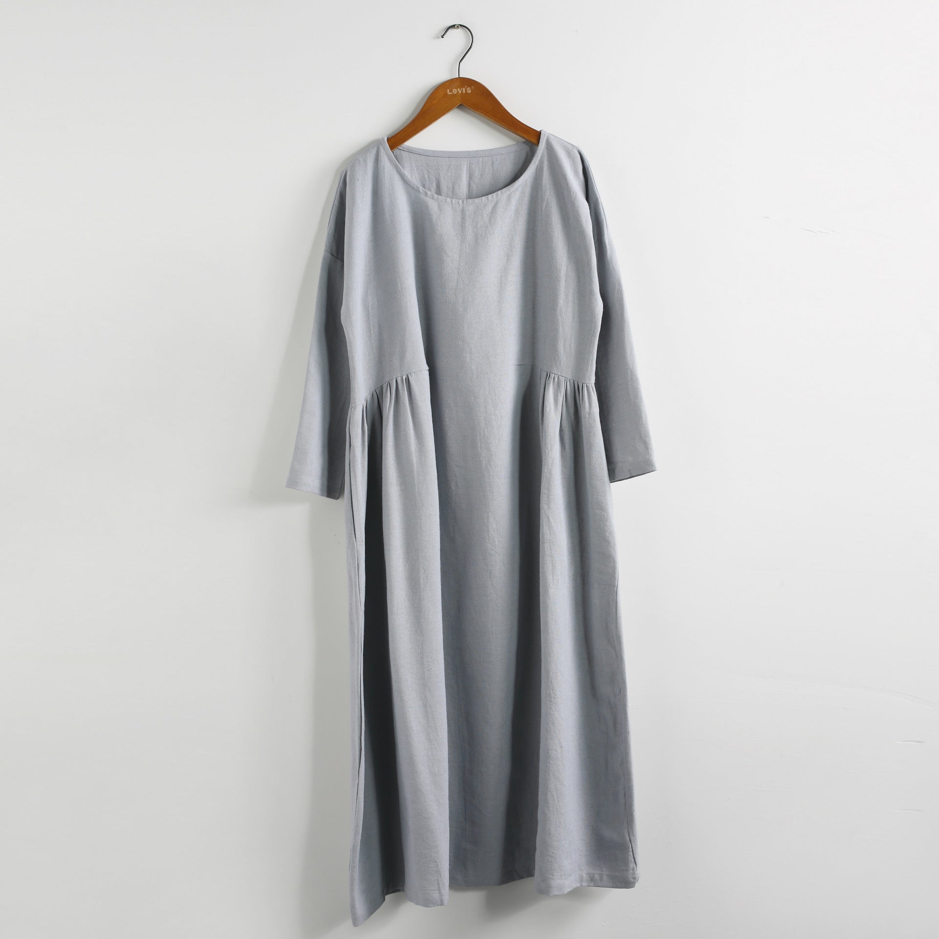 Women Zen Style Causal Round-Neck Long Loose Tea Length Linen and Cotton Dress Light Gray Women Zen Style Causal Round-Neck Long Loose Tea Length Linen and Cotton Dress Light Gray
