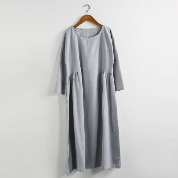 Women Zen Style Causal Round-neck Long Loose Tea Length Linen and Cotton Dress