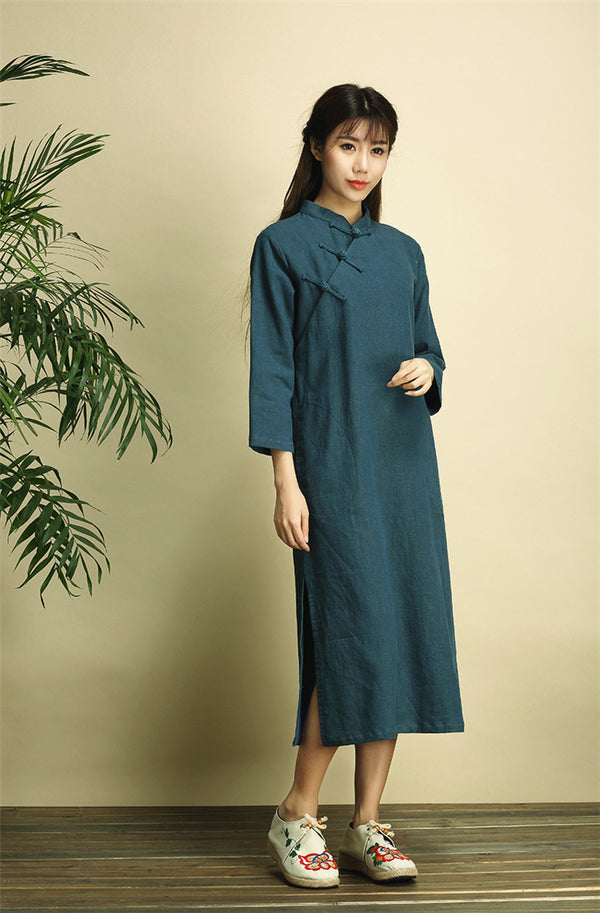 Qi Pao Linen Dress/ Simple Linen Dress/ Summer Linen Dress/ Tea Length Dress/ Casual dress/ Ethnic Hanfu Dress