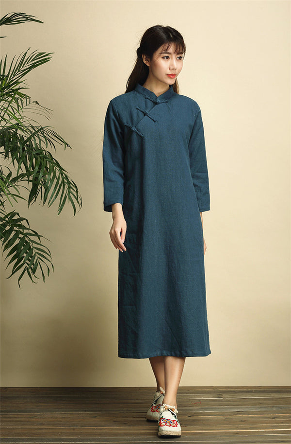 Qi Pao Linen Dress/ Simple Linen Dress/ Summer Linen Dress/ Tea Length Dress/ Casual dress/ Ethnic Hanfu Dress