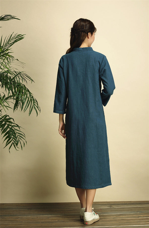 Qi Pao Linen Dress/ Simple Linen Dress/ Summer Linen Dress/ Tea Length Dress/ Casual dress/ Ethnic Hanfu Dress