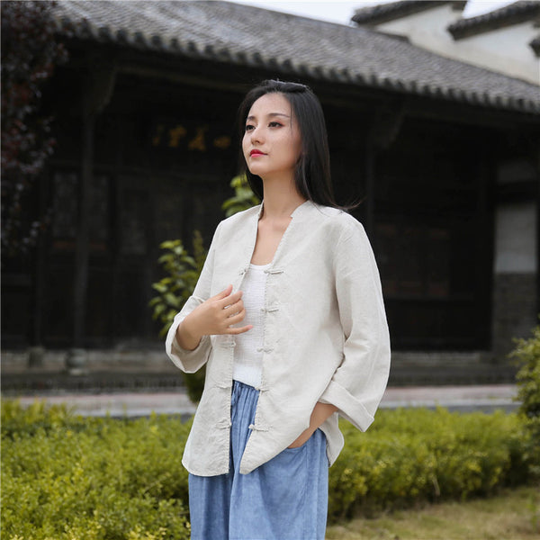 Women Retro Buckle Style Sand Washed Linen and Cotton Long Sleeve Cardigan Shirt