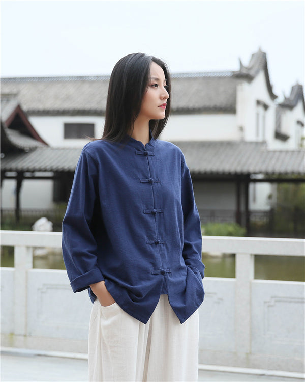 Women Retro TaiChi Buckle Style Linen and Cotton Cardigan Long Sleeve Shirt