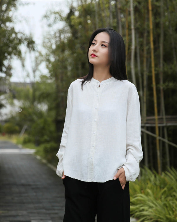 Women Casual Style Sand Washed Linen and Cotton Soft Light Cardigan Long Sleeve Shirt