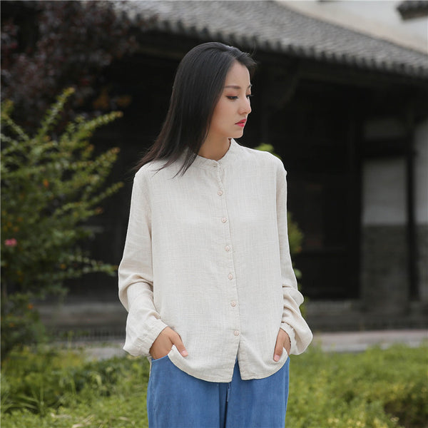 Women Casual Style Sand Washed Linen and Cotton Soft Light Cardigan Long Sleeve Shirt