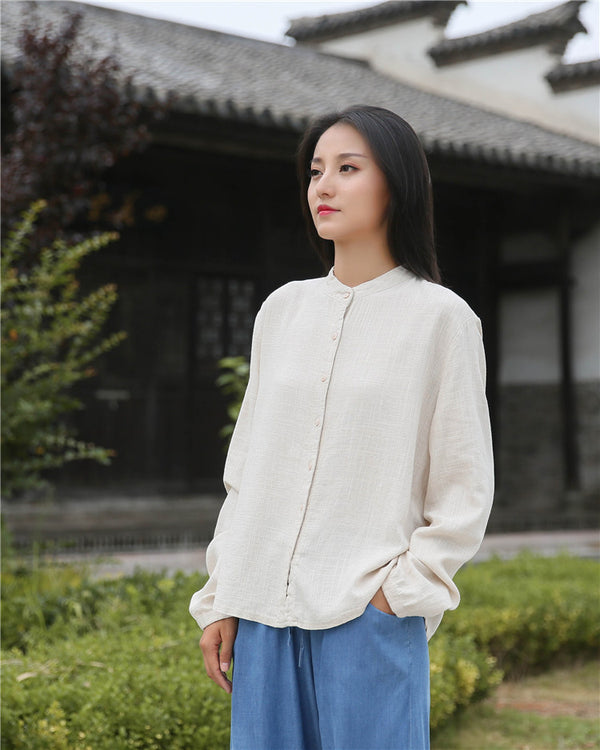Women Casual Style Sand Washed Linen and Cotton Soft Light Cardigan Long Sleeve Shirt