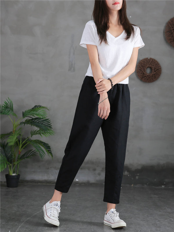 Women Linen and Cotton Loose Comfort Cropped Pants